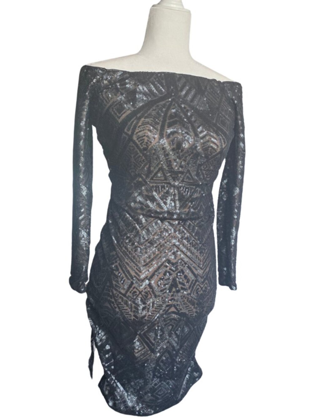 BCBG MaxAzria 'Eunice' ~ Charcoal Sequins Off Shoulder Party Dress S NWT $398